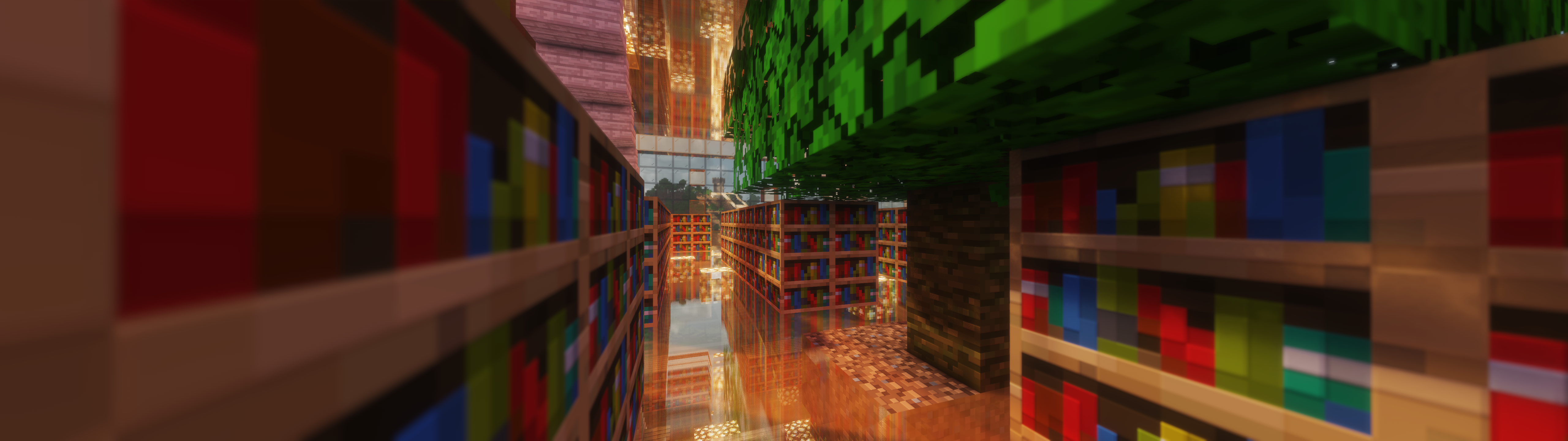 inside a library in minecraft. there are bookshelves and a tree, with a shiny floor