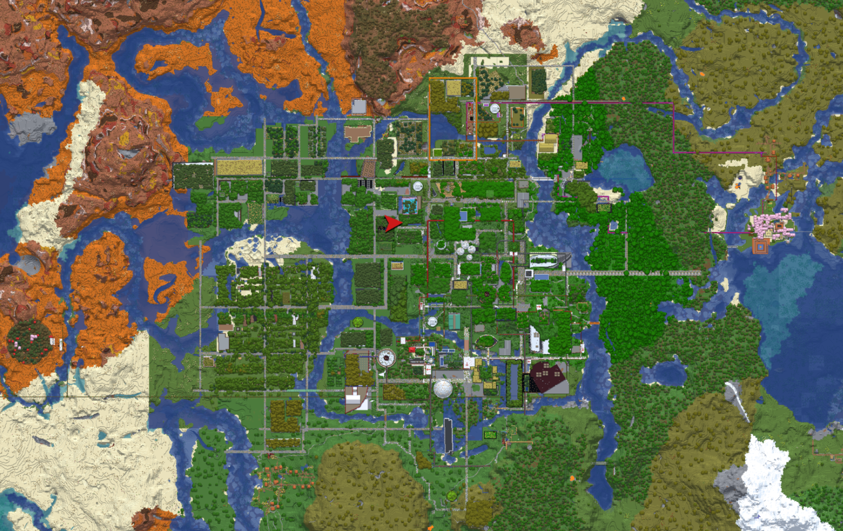 a minecraft map showing a detailed city from above, with many roads and rail lines throughout. there is a lot of greenery