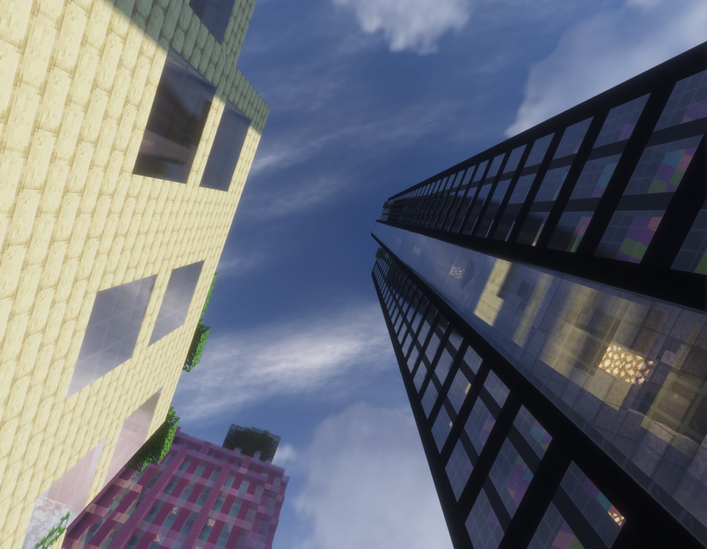 looking up towards the sky, 3 tall buildings
