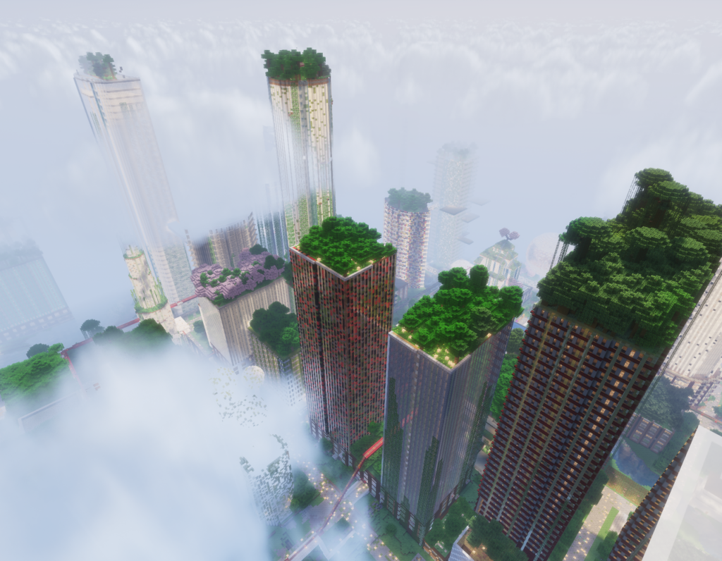 view of a minecraft city from above, with clouds