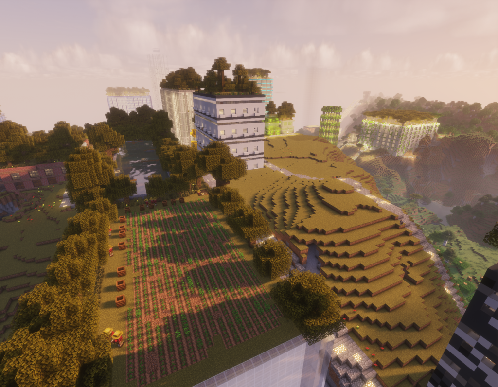 view of a minecraft city, farmers farming on a rooftop