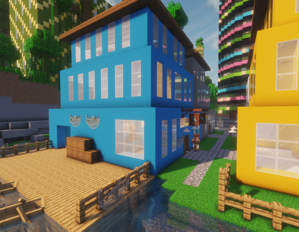 screenshot of a minecraft city - view of a building that looks like a fishing store/fish market
