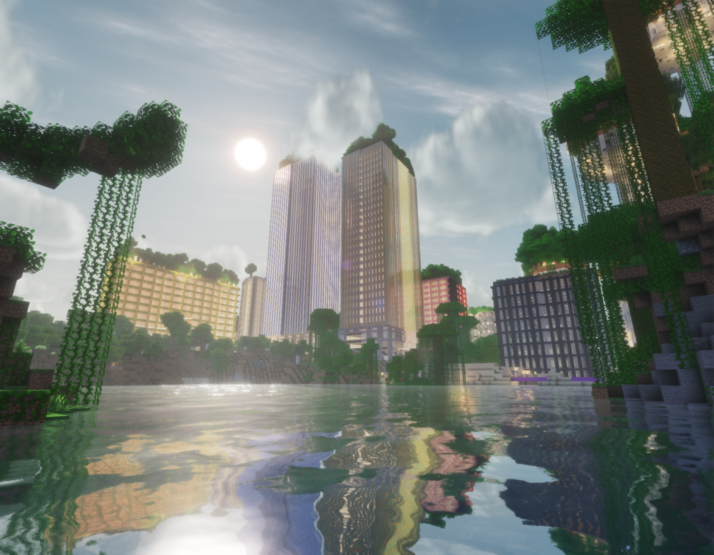 screenshot of a minecraft city, view from just above some water