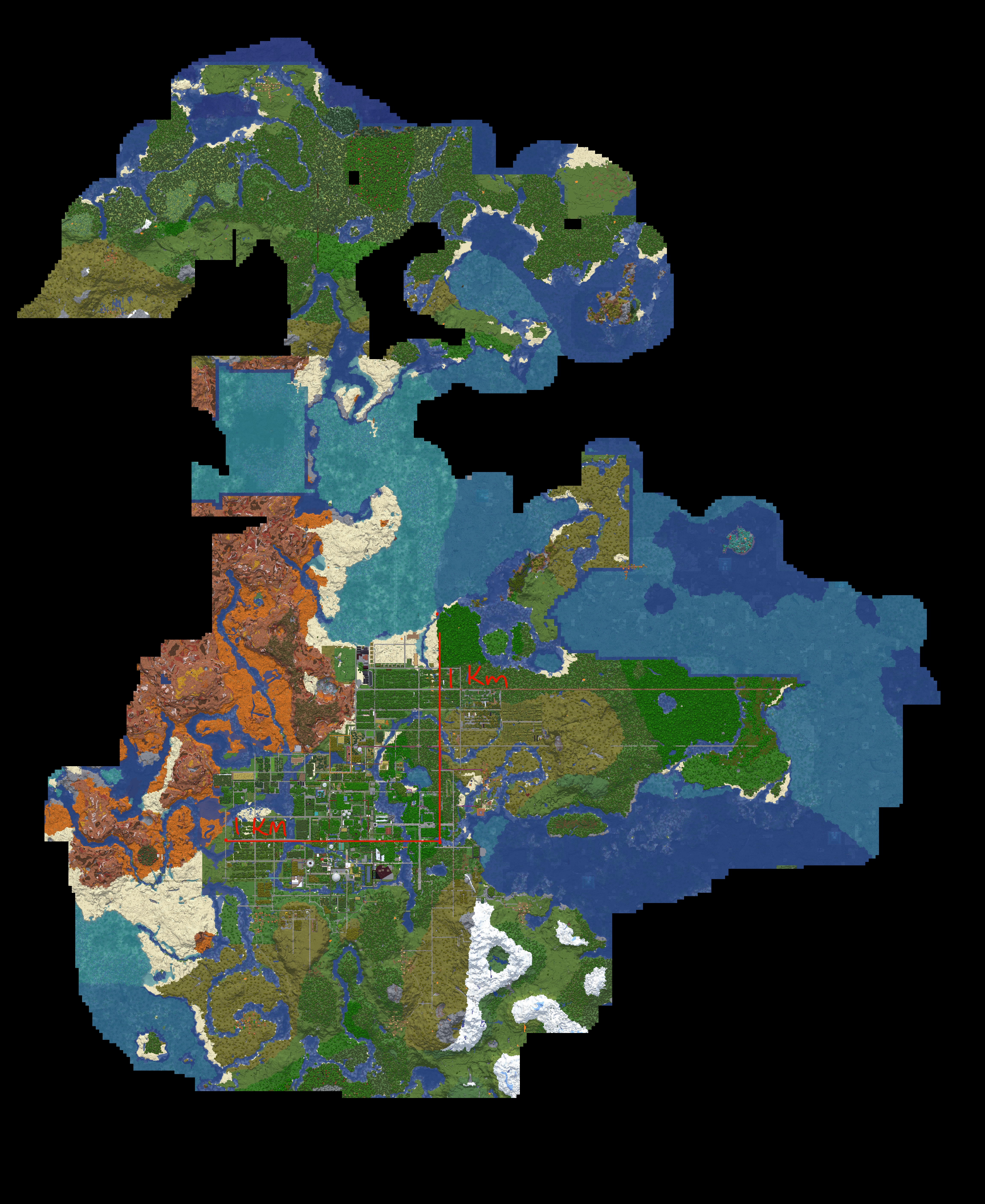 a map of a minecraft world, partially explored. in the center is a big concentration of buildings and trees. there are also two lines that show the distance of 1km. the main part of the city is about 1 square kilometer